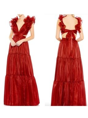 Mac Duggal Ruffled Shoulder Cut Out Soft Tie Back Tiered Gown 49528 NWT